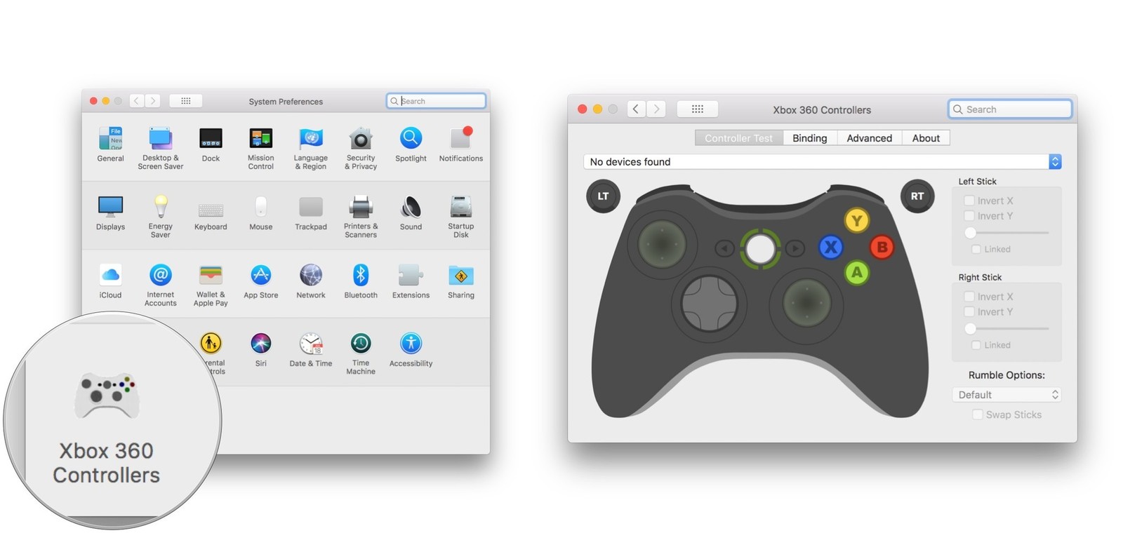 make bindings for xbox 360 controller for mac same as unity
